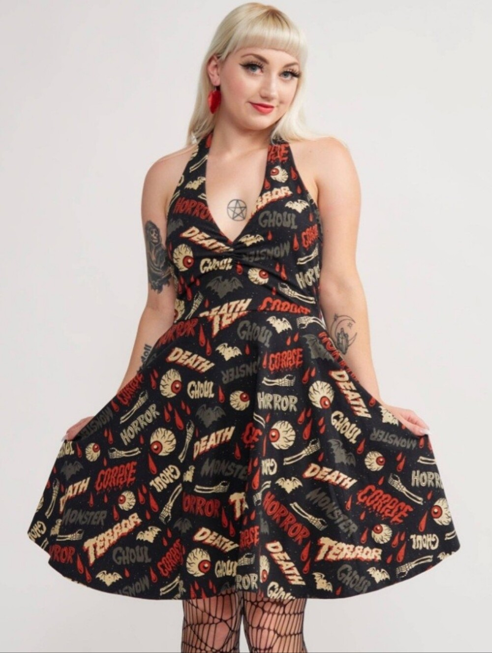 Sourpuss Oh The Horror Halter Skater Dress, Size 3X